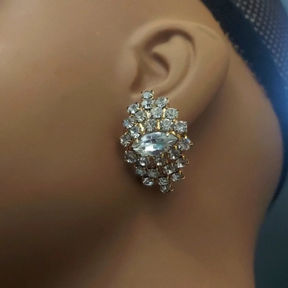 Estate Marquise Crystal Cluster Dome Gold Earrings